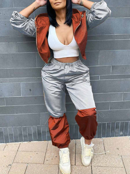 Hooded Collar Drawstring Patchwork Pants Set At9062