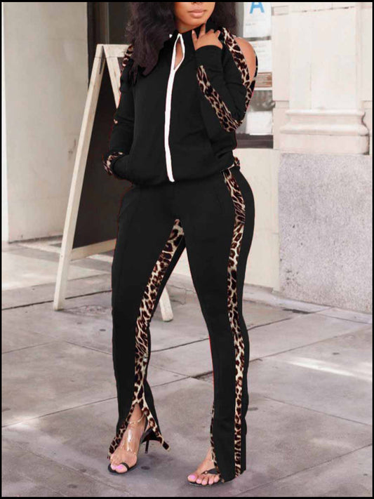 Leopard Print Striped Cut Out Pants Set At9011