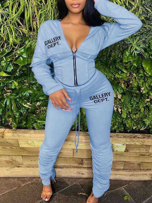 Hooded Collar Letter Print Drawstring Pants Set At9065