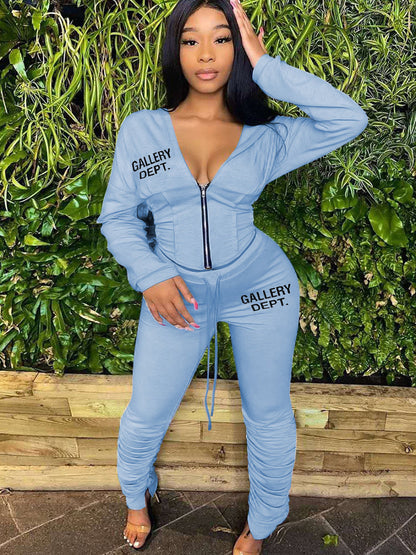 Hooded Collar Letter Print Drawstring Pants Set At9065
