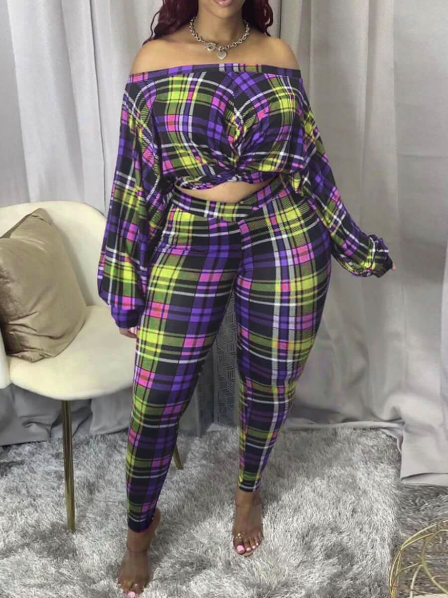 Dew Shoulder Grid Print Purple Two-piece Pants Set Bo504
