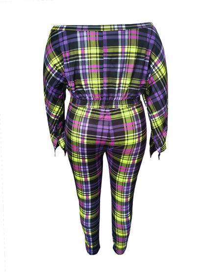 Dew Shoulder Grid Print Purple Two-piece Pants Set Bo504