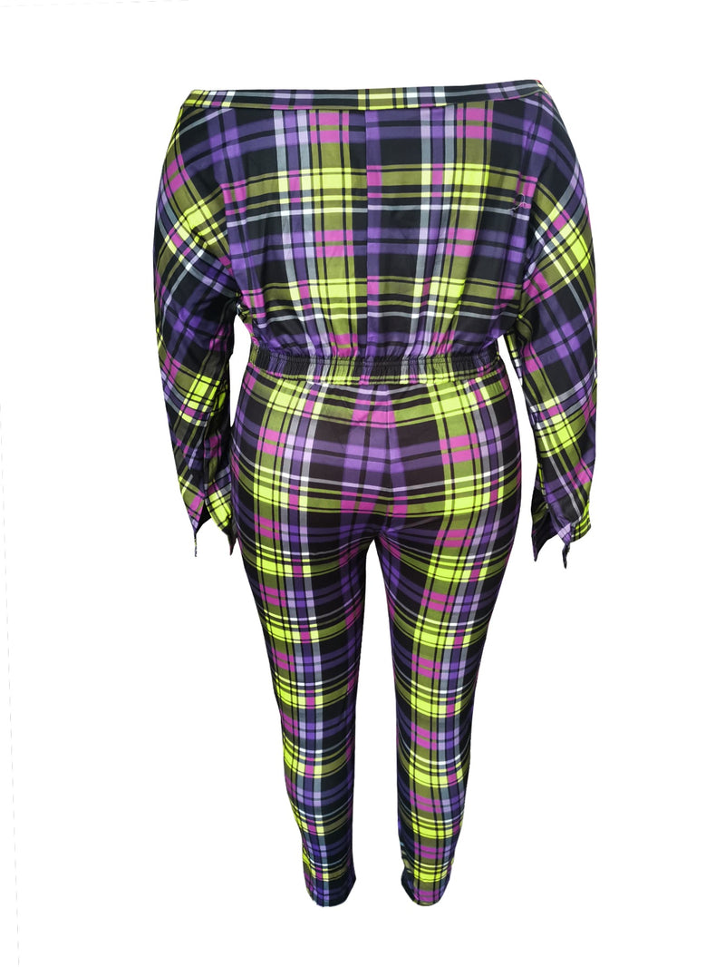 Dew Shoulder Grid Print Purple Two-piece Pants Set Bo504