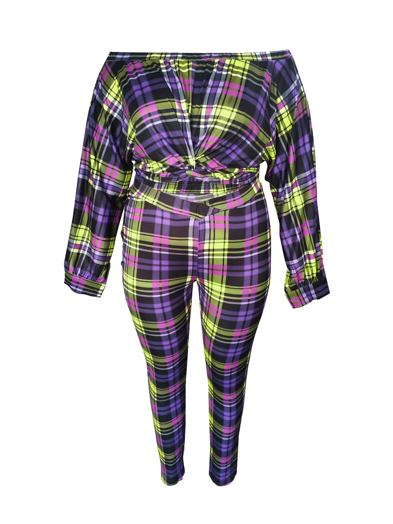 Dew Shoulder Grid Print Purple Two-piece Pants Set Bo504