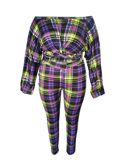 Dew Shoulder Grid Print Purple Two-piece Pants Set Bo504