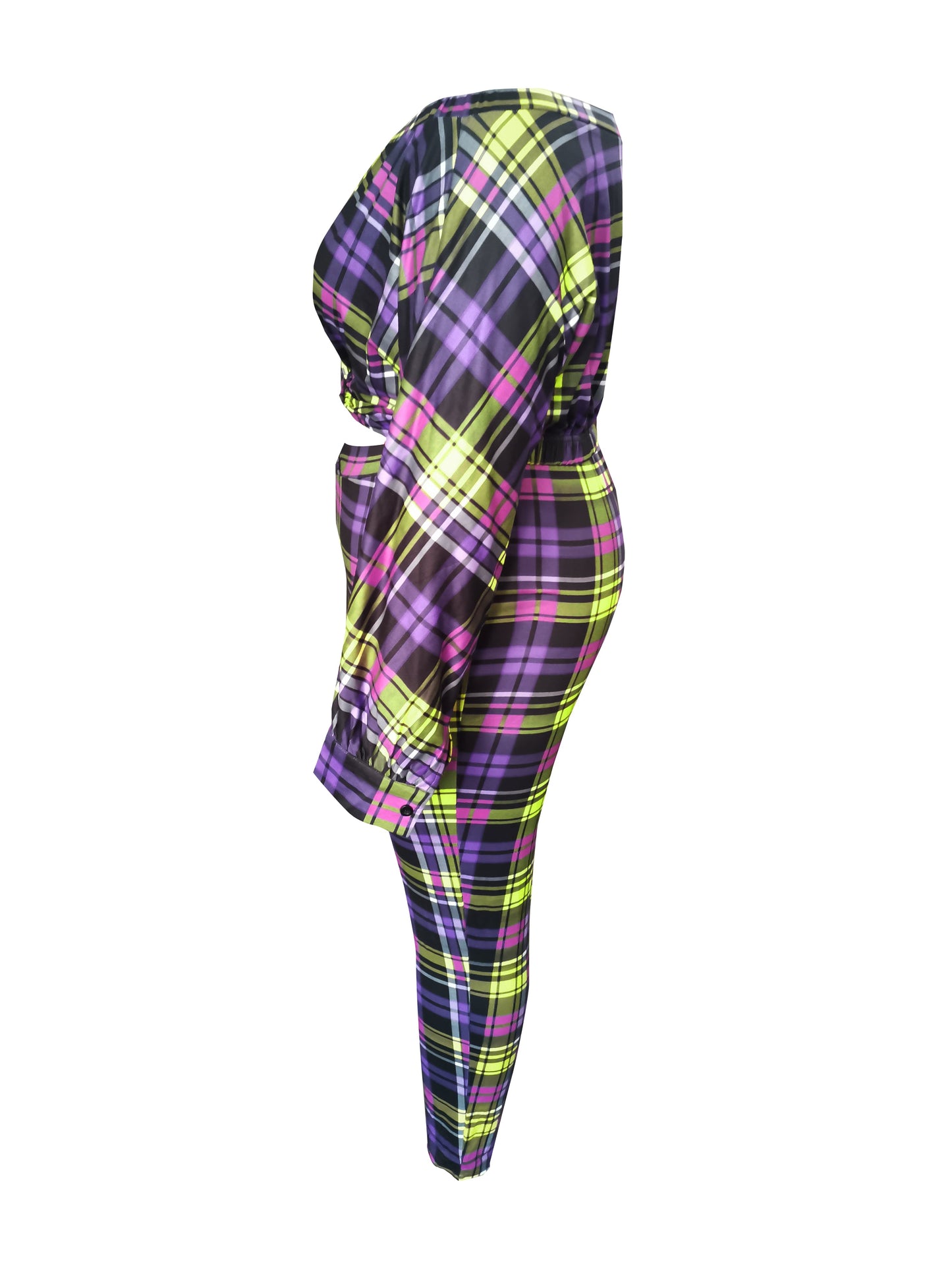 Dew Shoulder Grid Print Purple Two-piece Pants Set Bo504