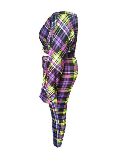 Dew Shoulder Grid Print Purple Two-piece Pants Set Bo504