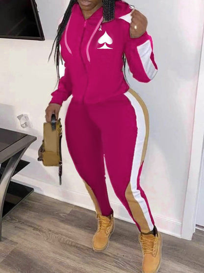 Leisure Hooded Collar Patchwork Wine Red Two-piece Pants Set Bo507