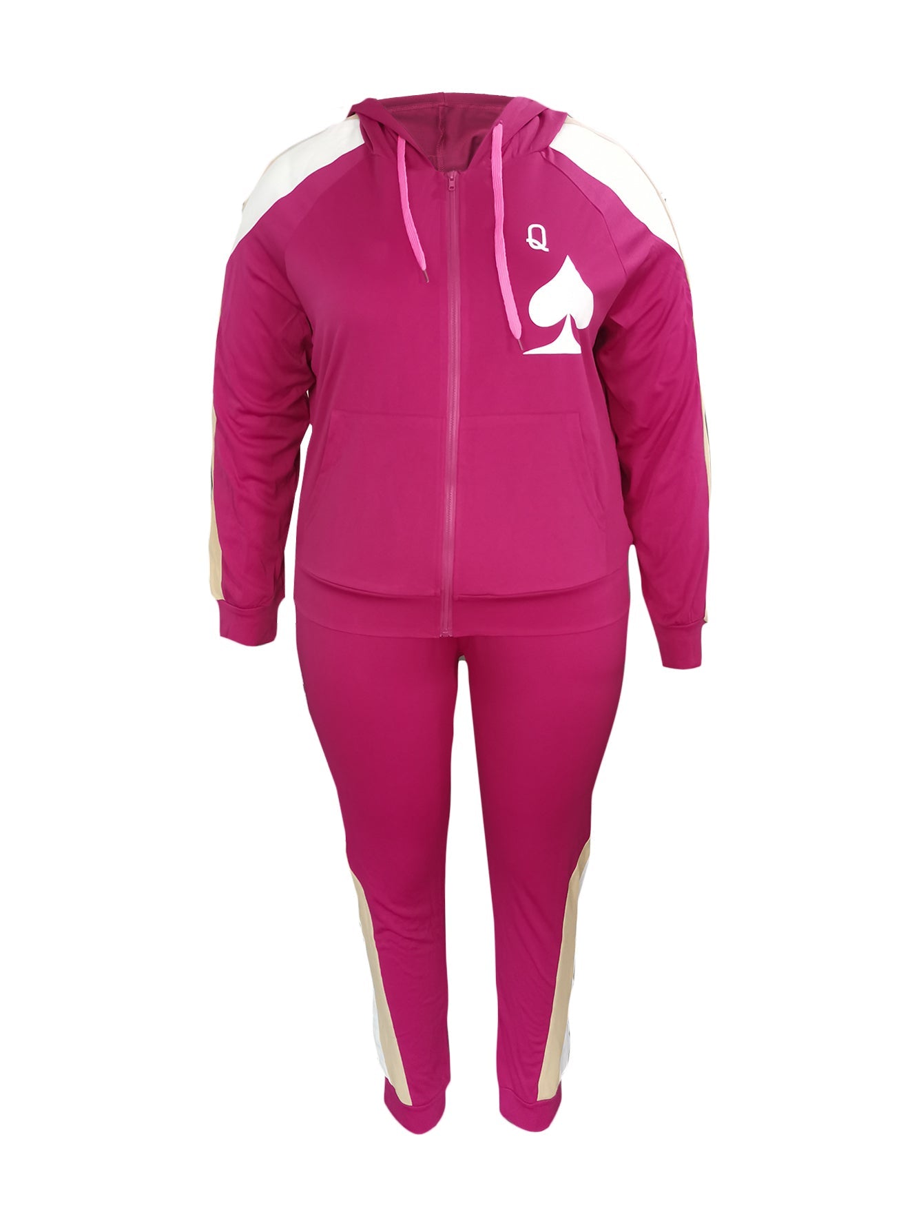 Leisure Hooded Collar Patchwork Wine Red Two-piece Pants Set Bo507