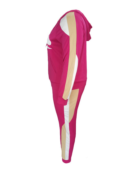 Leisure Hooded Collar Patchwork Wine Red Two-piece Pants Set Bo507