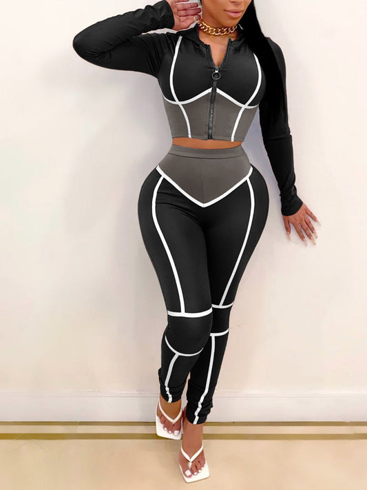 Hooded Collar Crop Top Striped Pants Set Ar8016