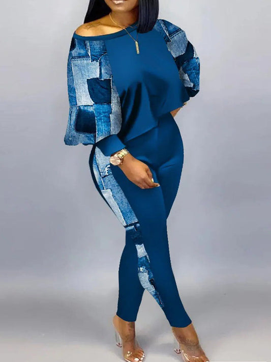 Imitation Denim Crop Top Skinny Pants Set Ac2053