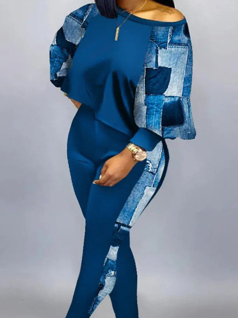 Imitation Denim Crop Top Skinny Pants Set Ac2053