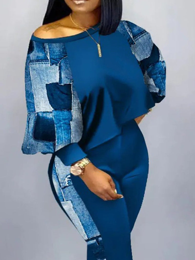 Imitation Denim Crop Top Skinny Pants Set Ac2053