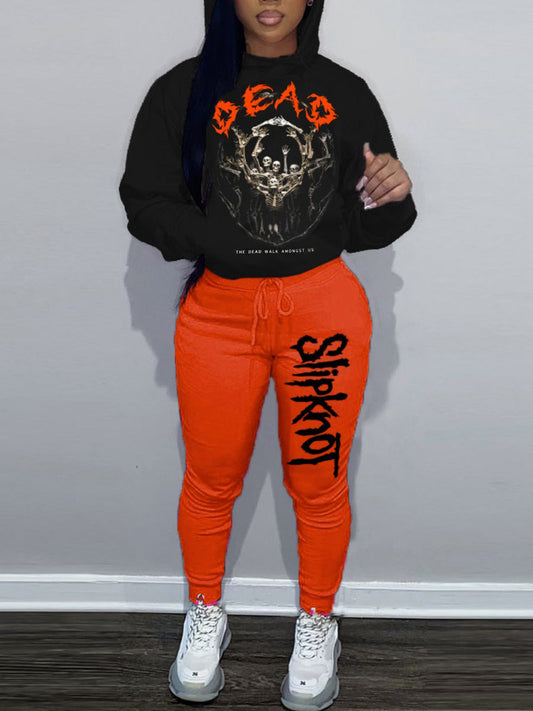 Drawstring Skull Head Print Two-piece Pants Set Bo1155