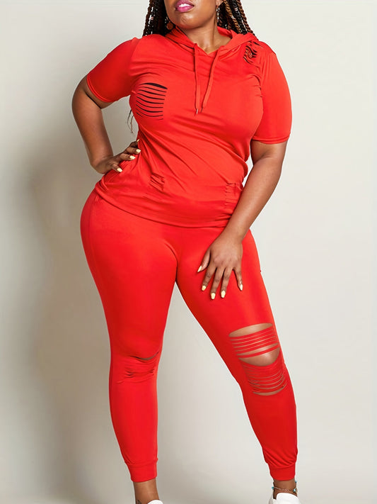 Hooded Collar Ripped Pants Set At909