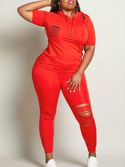 Hooded Collar Ripped Pants Set At909