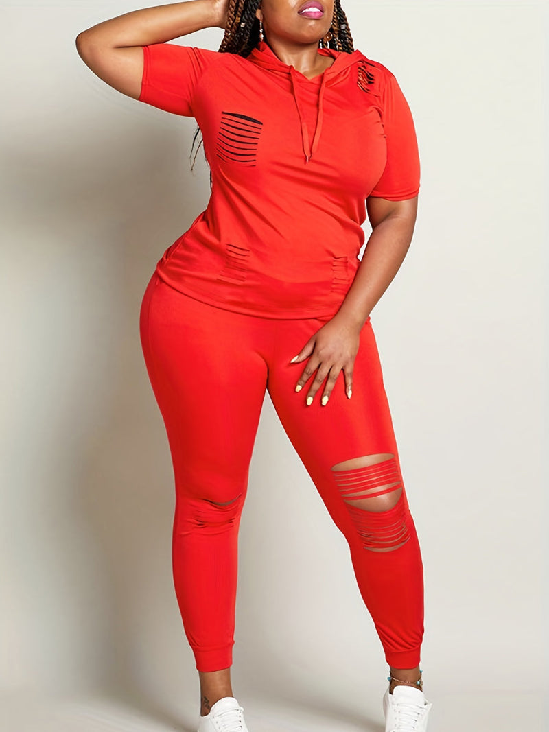 Hooded Collar Ripped Pants Set At909