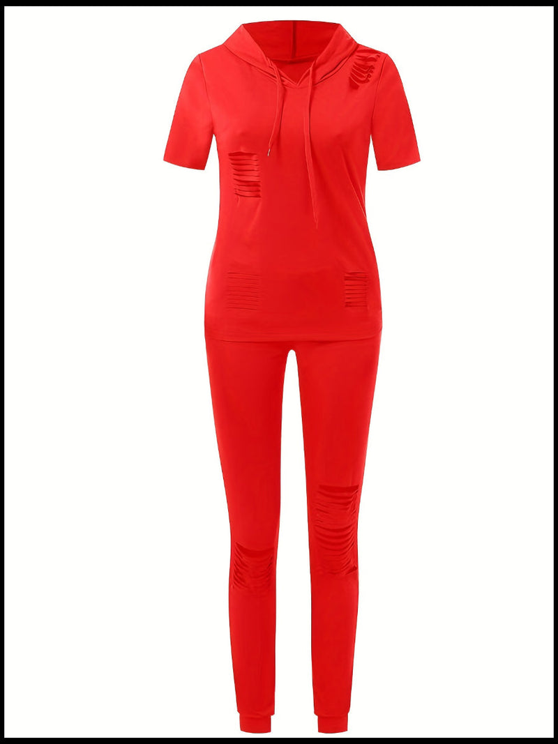 Hooded Collar Ripped Pants Set At909