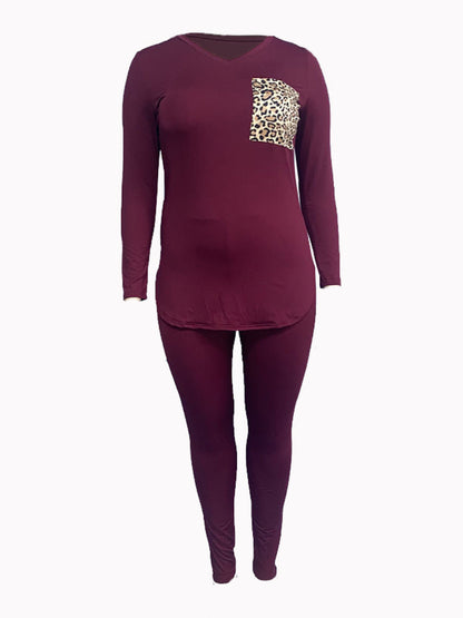 Pocket Design Pattern Leopard Print Skinny Two-piece Pants Set Ac2020