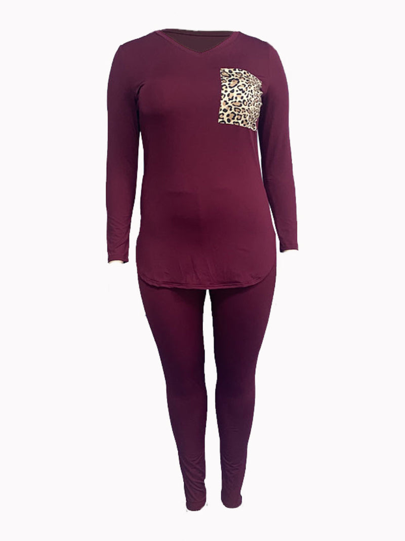 Pocket Design Pattern Leopard Print Skinny Two-piece Pants Set Ac2020