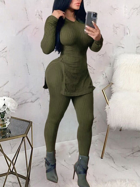 Basics V Neck Side Split Rib Knit Skinny Pants Set Bo2144