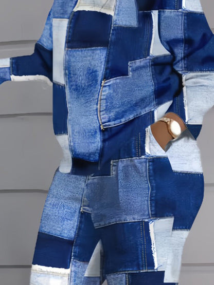Imitation Denim Patchwork Pocket Design Pants Set Bo216