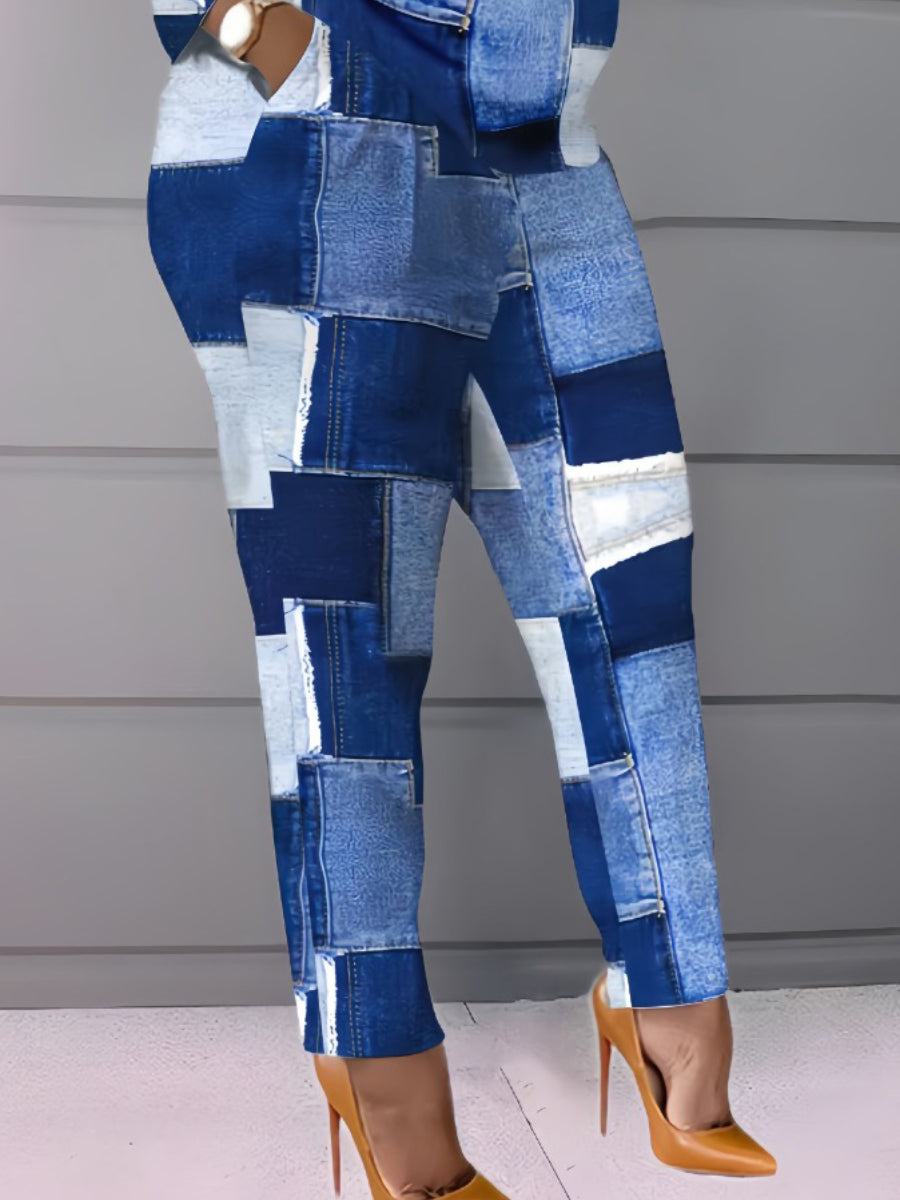 Imitation Denim Patchwork Pocket Design Pants Set Bo216