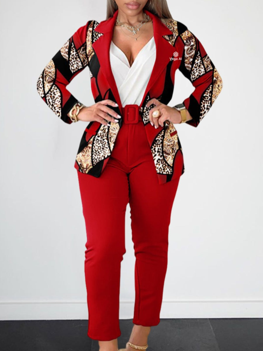 Leopard Print Belt Design Blazer Pants Set Ac204