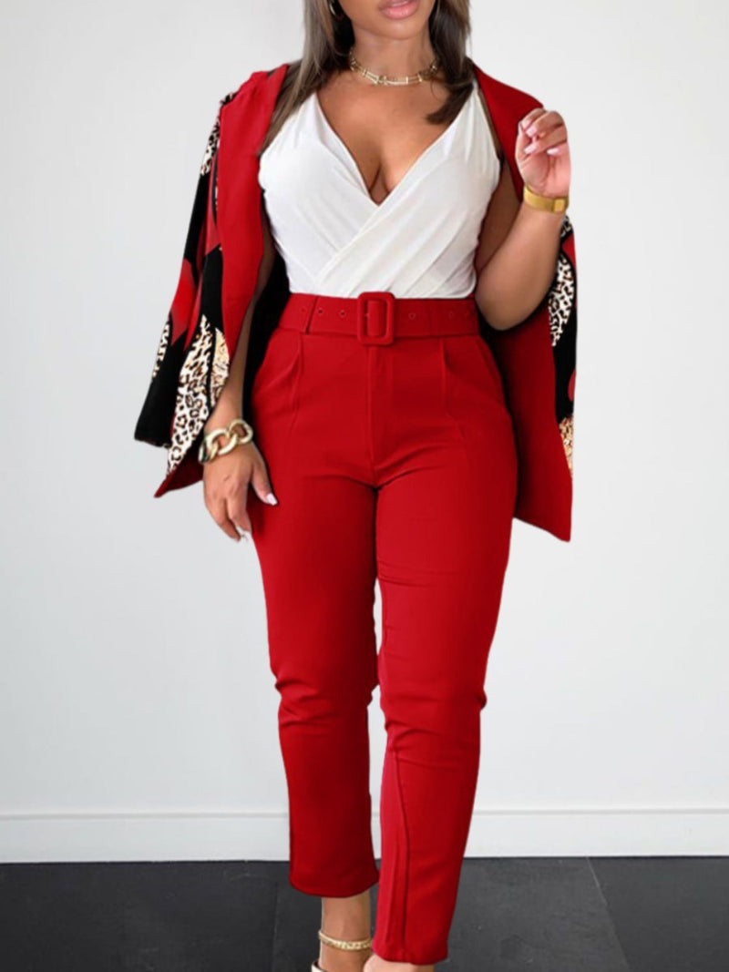 Leopard Print Belt Design Blazer Pants Set Ac204