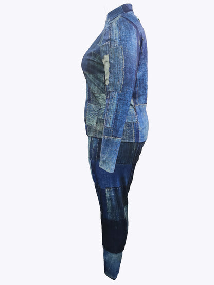 Imitaton Denim Pocket Design Regular Fit Pants Set Bo211