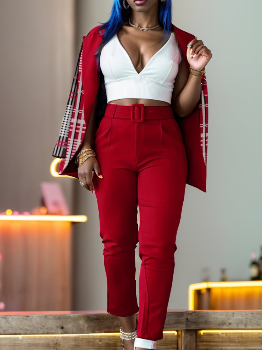 Letter Print Belt Design Blazer Pants Set Bo3021