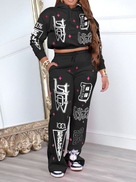 Hooded Collar Pocket Design Letter Print Pants Set Bo5059