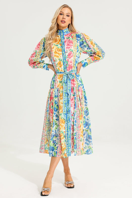 Stand Collar Maxi Dress With Belt