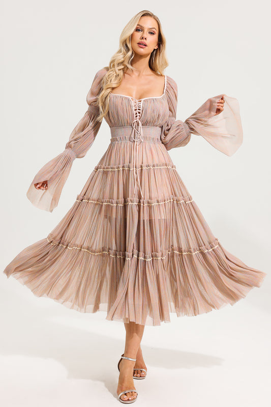 Mesh Square Collar Long Sleeve Midi Dress