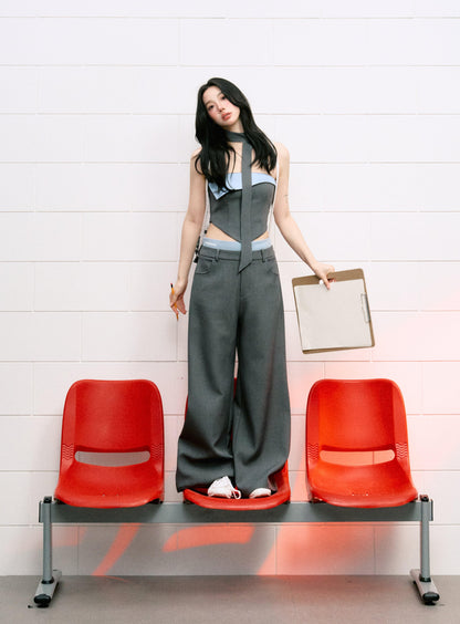 Contrast Color Cuffed Bandeau Top & Wide-leg With Waistband Pants Set