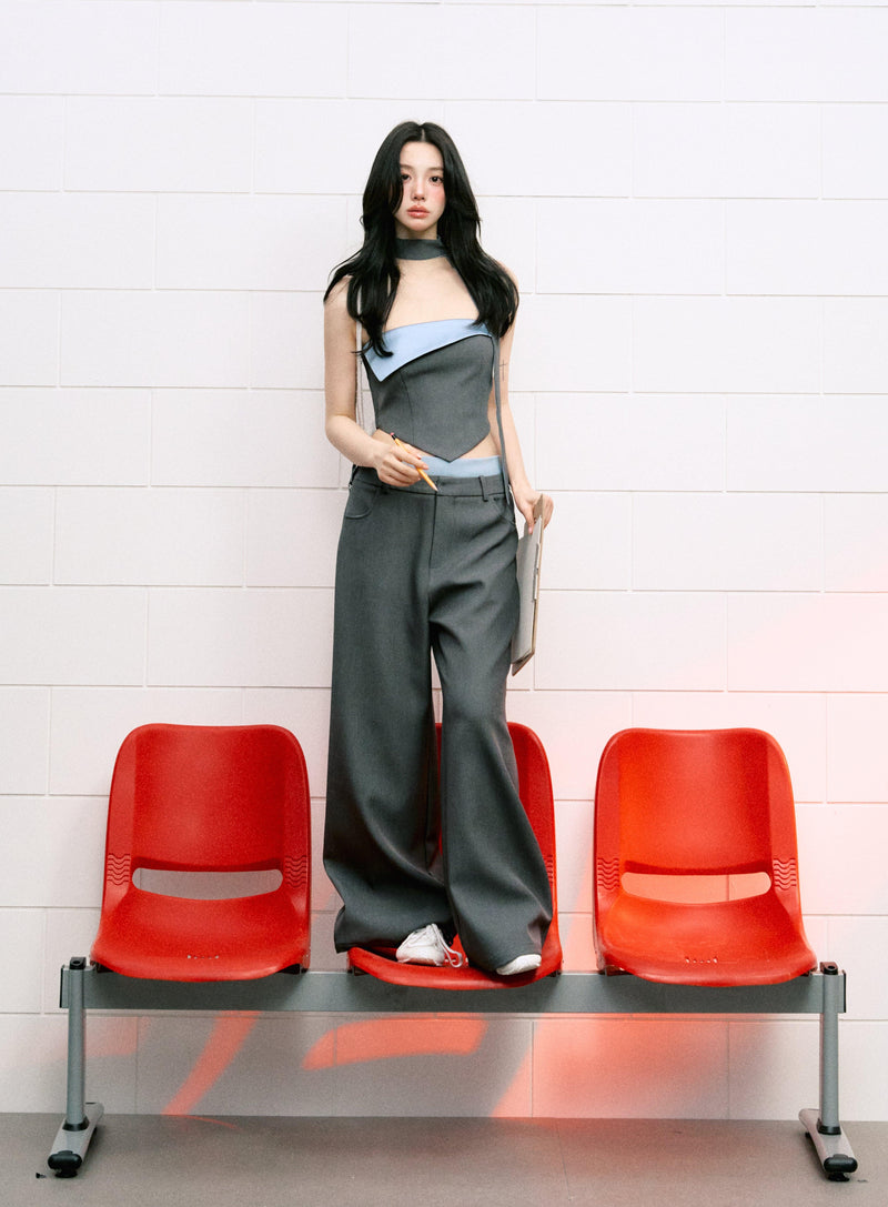 Contrast Color Cuffed Bandeau Top & Wide-leg With Waistband Pants Set