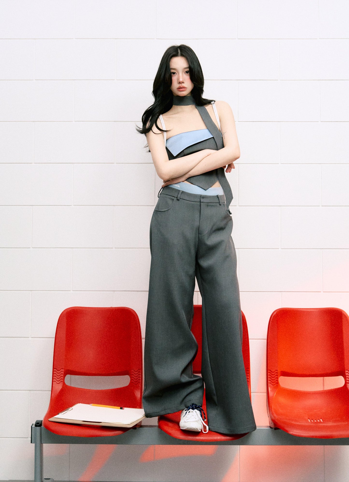 Contrast Color Cuffed Bandeau Top & Wide-leg With Waistband Pants Set