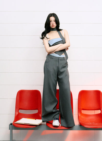 Contrast Color Cuffed Bandeau Top & Wide-leg With Waistband Pants Set