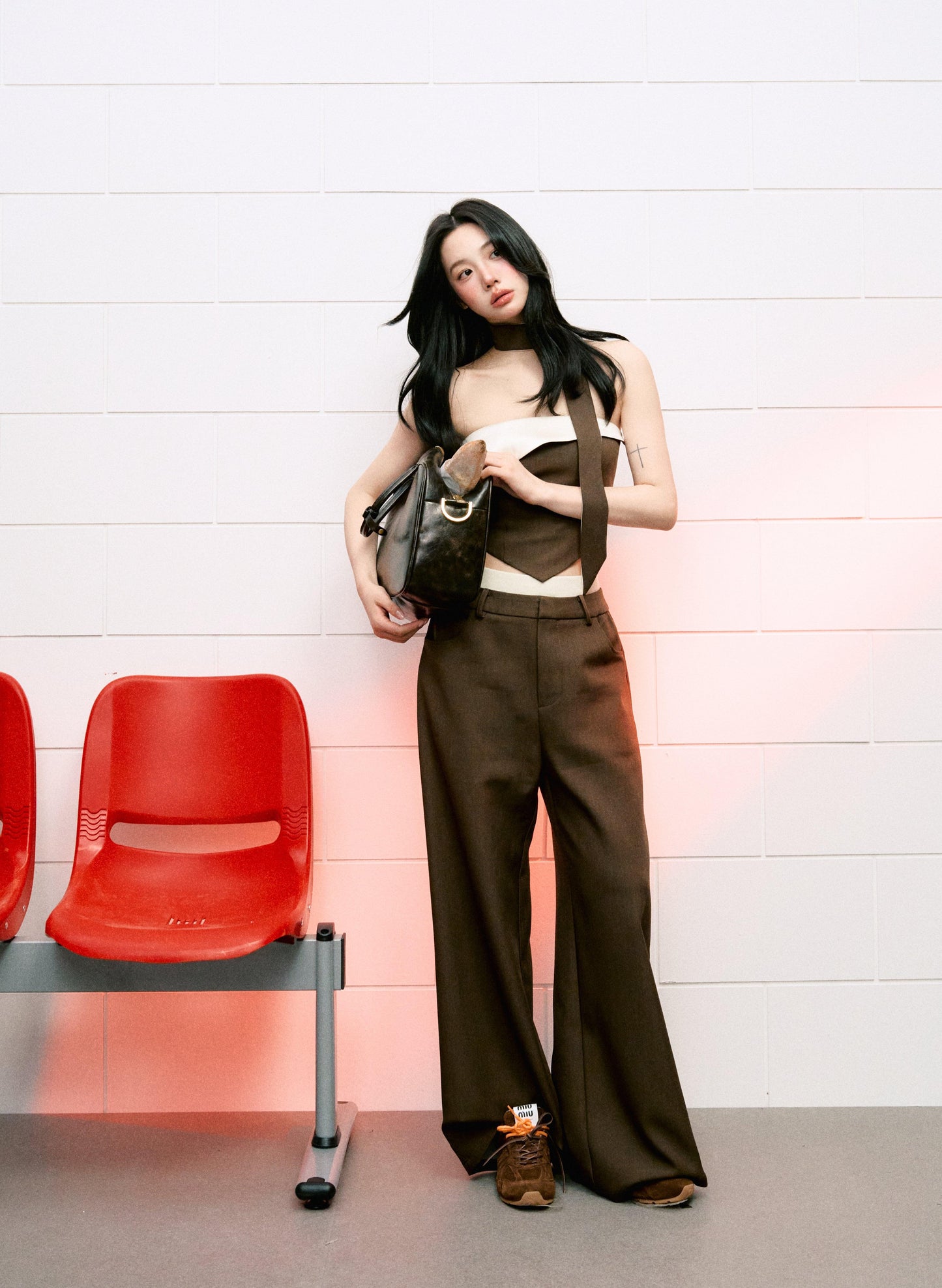 Contrast Color Cuffed Bandeau Top & Wide-leg With Waistband Pants Set