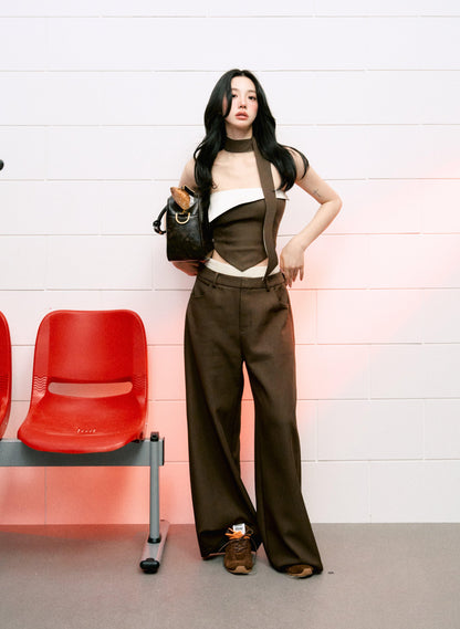 Contrast Color Cuffed Bandeau Top & Wide-leg With Waistband Pants Set