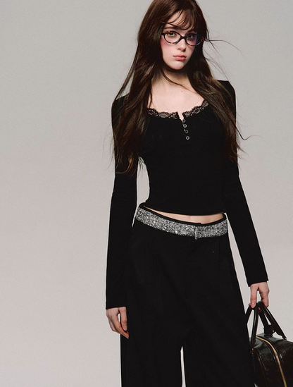 Crystal Trim Wide Leg Pants