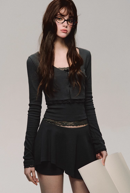 Lace Trim Biker Camisole/cardigan/short/culottes
