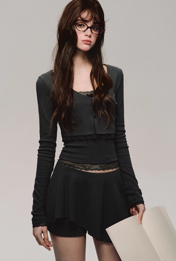 Lace Trim Biker Camisole/cardigan/short/culottes
