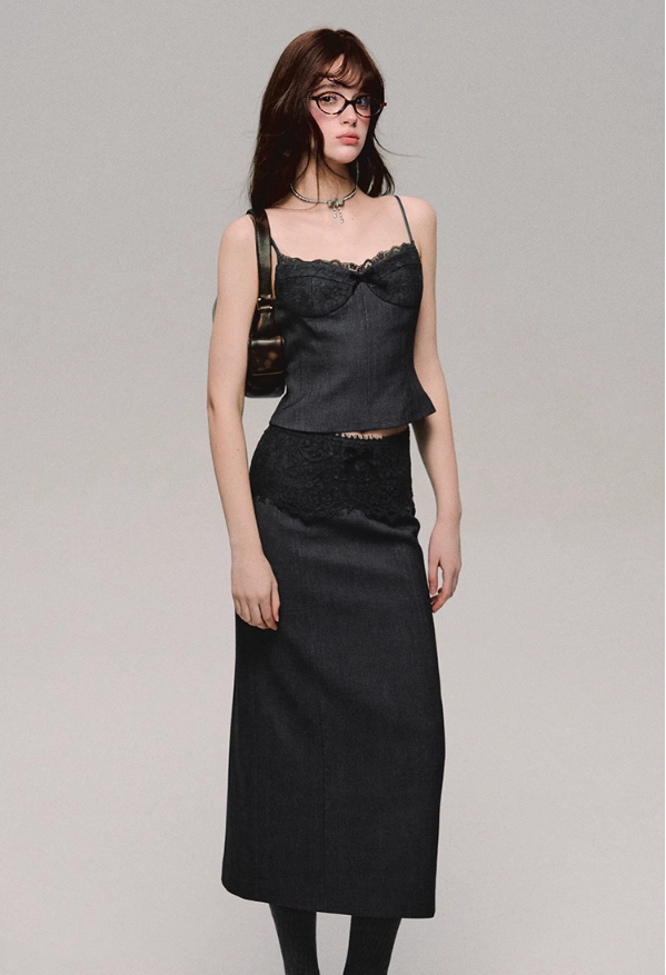 Lace Trim Satin Camisole/skirt