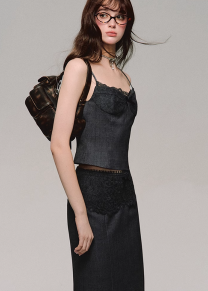 Lace Trim Satin Camisole/skirt