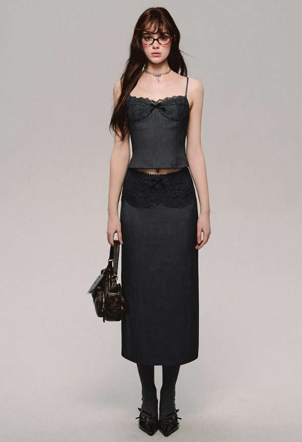Lace Trim Satin Camisole/skirt