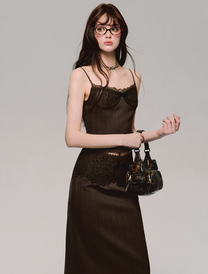 Lace Trim Satin Camisole/skirt