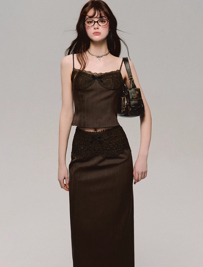 Lace Trim Satin Camisole/skirt