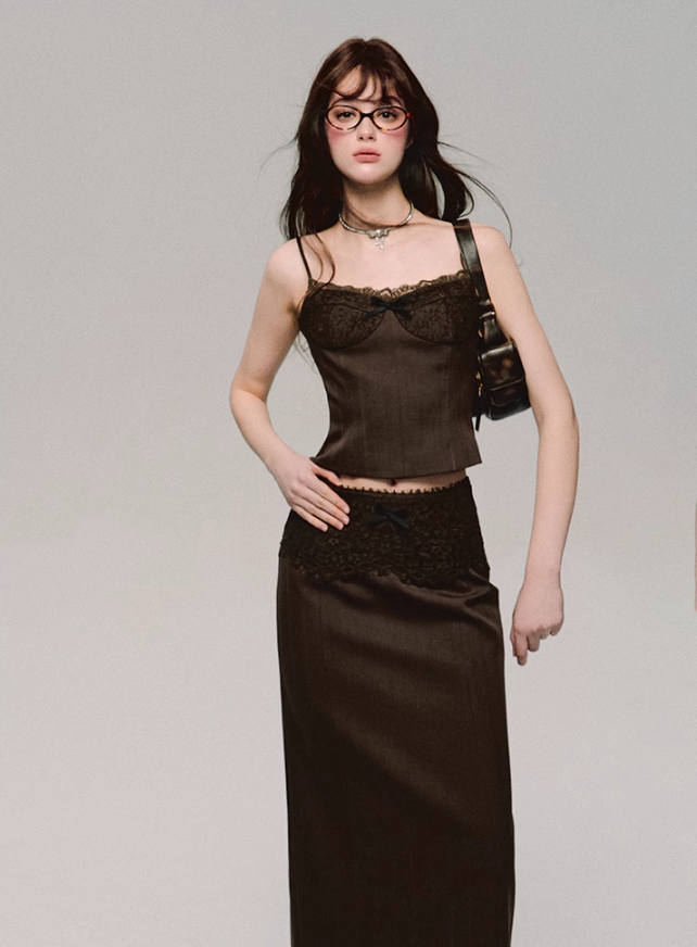 Lace Trim Satin Camisole/skirt